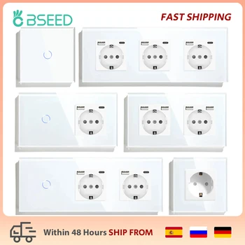 BSEED EU มาตรฐาน USB ซ็อกเก็ตเดี่ยว Touch สวิทช์1 1Way สีขาวคริสตัล Sensor สวิทช์ไฟผนัง Power ซ็อกเก็ตคู่ outlets 1