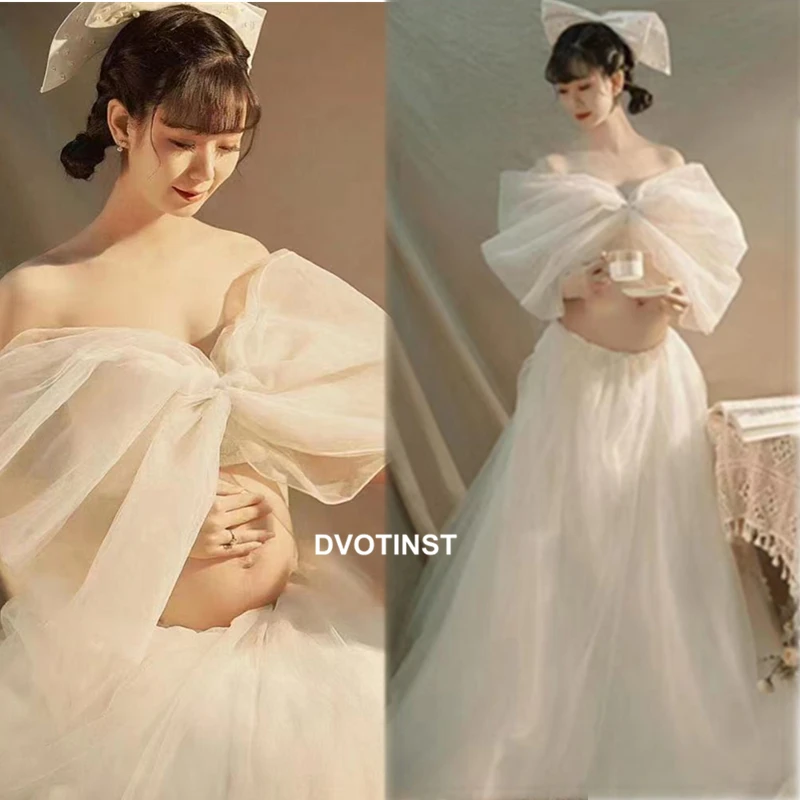 

Dvotinst Women Photography Props White Elegant Bow-knot Maternity Dresses Pregnancy Dress Headband Studio Shooting Photo Props