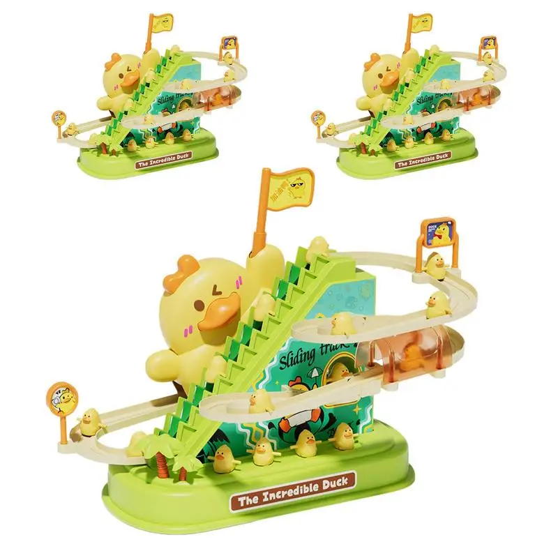 

Climb Stairs Toy Electric Ducks Chasing Race Track Game Set with Lights and Sound Stair-Climbing Duck Cartoon Race Track Set