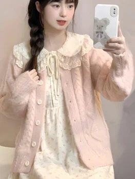Set da due pezzi giapponesi Completi da donna Cappotto cardigan oversize lavorato a maglia Colletto alla Peter Pan Abito floreale Completo di abiti dolci alla moda 1