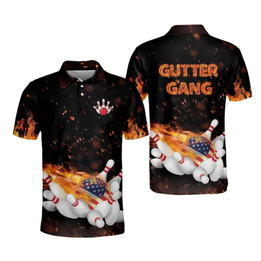 Men's Golf Polo short-sleeved T-shirt shirt bowling printed T-shirt lapel button shirt summer sports short-sleeved