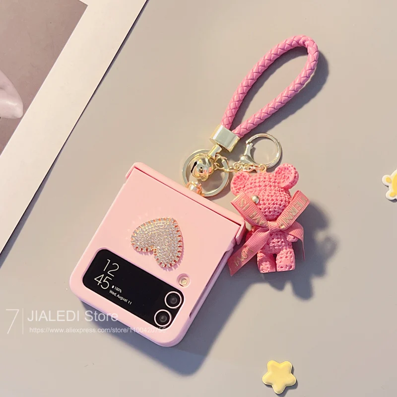 Rhinestone Love Pendant Strap Hinger Phone case For Samsung Galaxy Z Flip 3 4 5 6 flip6 zflip5 Cover