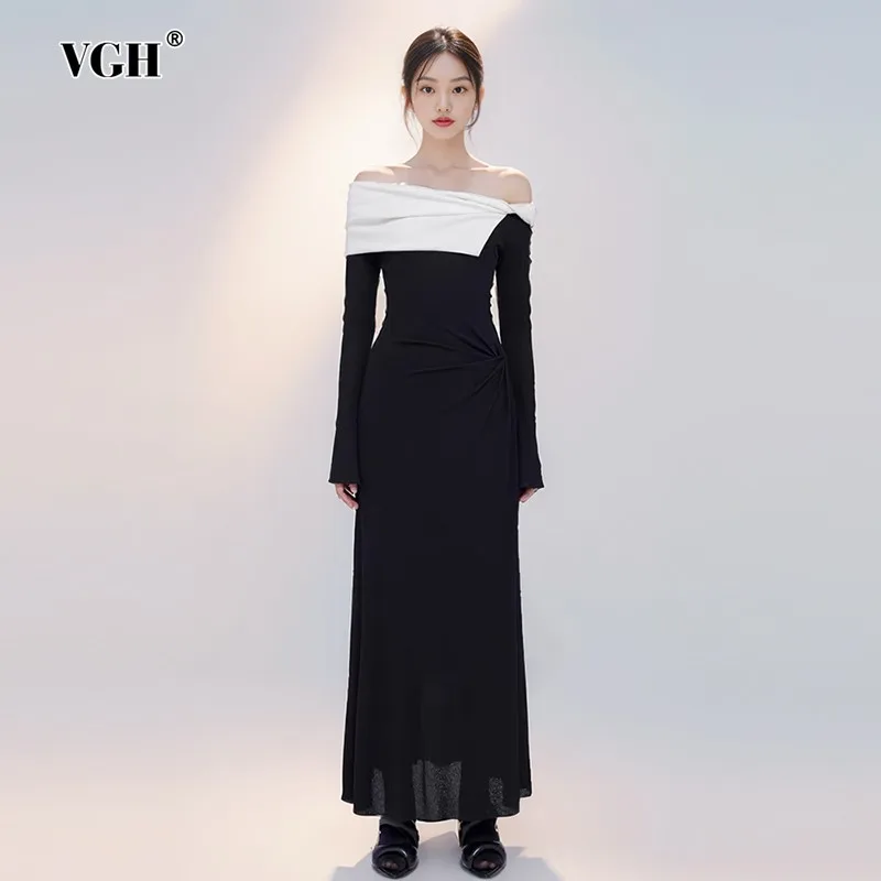 

VGH Hit Color Patchwork Folds Slimming Dress For Women Slash Neck Long Sleeve Backless High Waist Temperament Dresses Female New