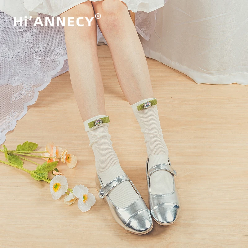

HIANNECY Original Student Summer Ultra-thin Silk White Socks Lovely Lace Girl's Black Flower Pearl Socks JK Calf Lolita Socks