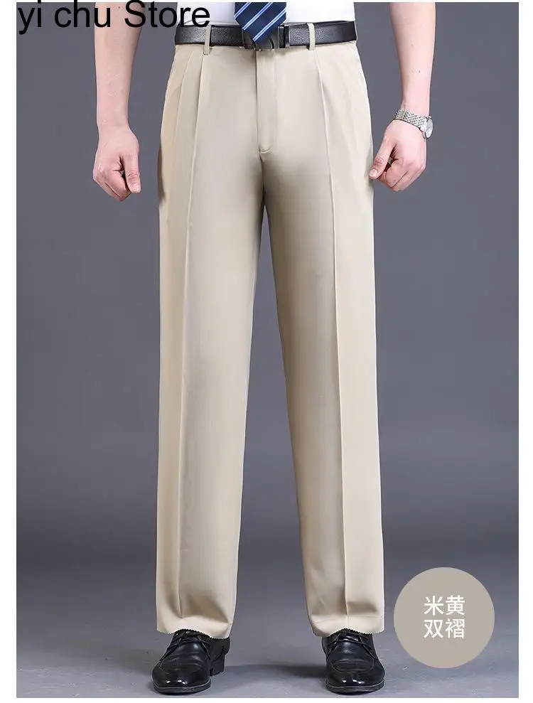 

New Double Pleated Suit Pants Black Brown Business Khaki Trousers For Men Loose Straight Class Men Pant Thin Summer