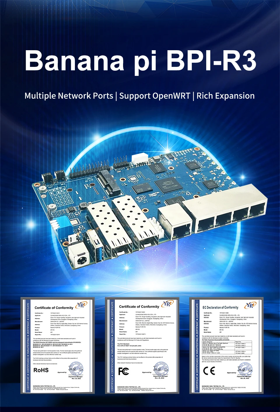 Banana Pi BPI R3 Router Filogic 830 Development Board Quad Core MediaTek MT7986
