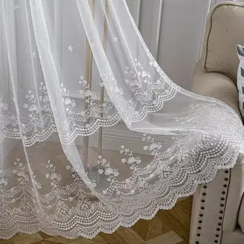 Embroidery Sheer Tulle Curtains for Living Room Transparent White Voile Sheer Curtain Window Drape Custom Size