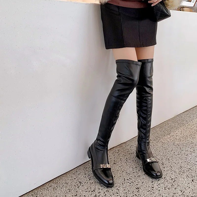 

Fashion Over the knee Boots Women New High Quality Real Leather Round Head Metal Buckle Thigh Boots Winter Daily Modern
