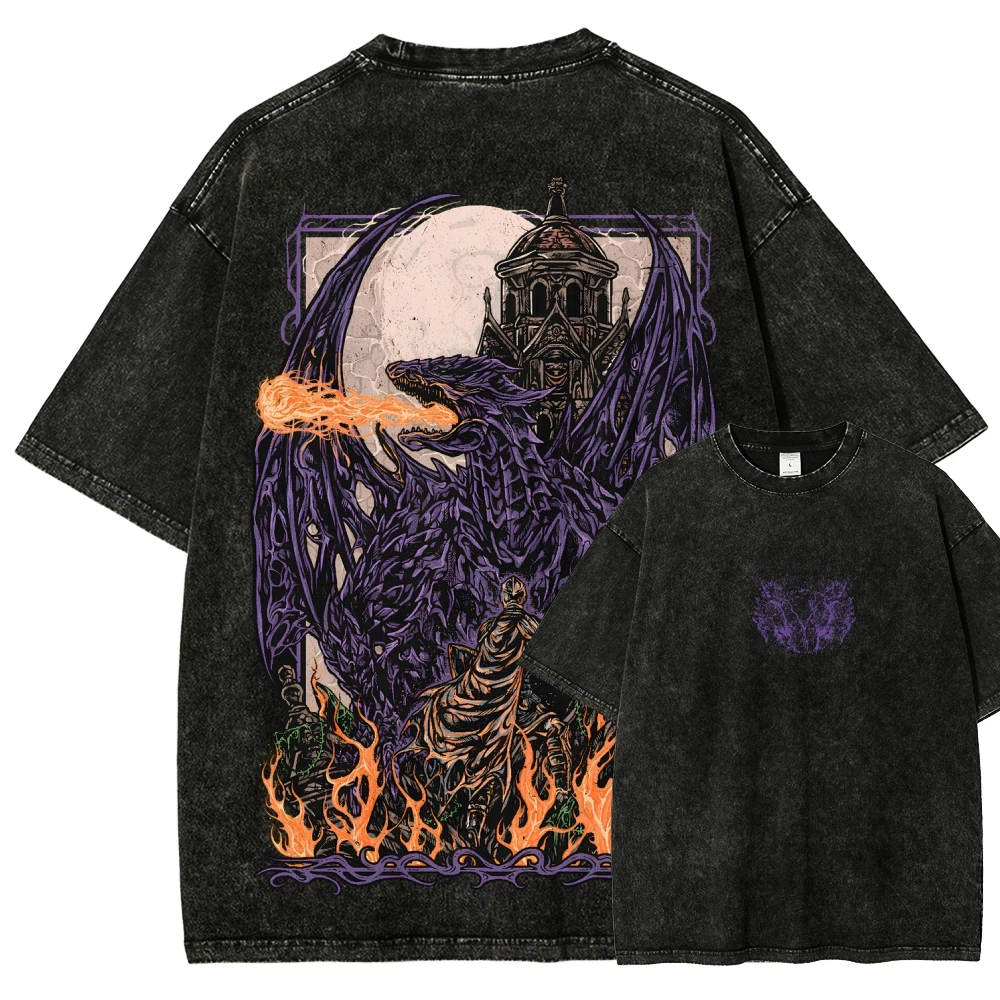 Classic Action Role-playing Game Dark Souls Graphic Print T-Shirt Men Women Retro Washed Cotton Loose Oversized Top Summer Tee 3