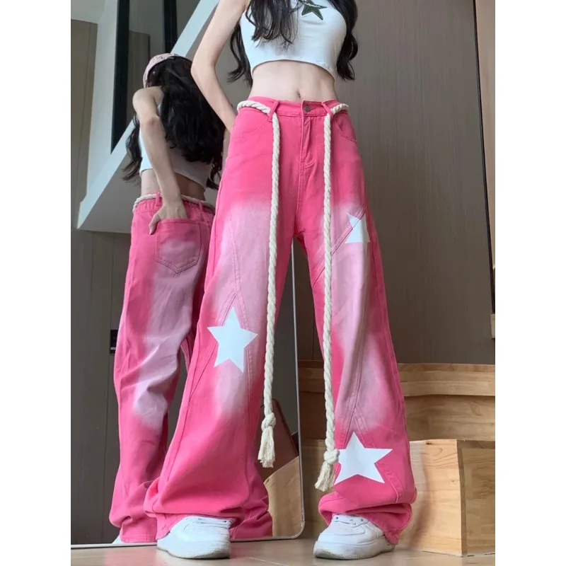 

Harajuku Personality Tooling Cowboy Pants High Waist Pink Gradient Star Design Denim Loose Trouser Fashion Wide Leg Pan