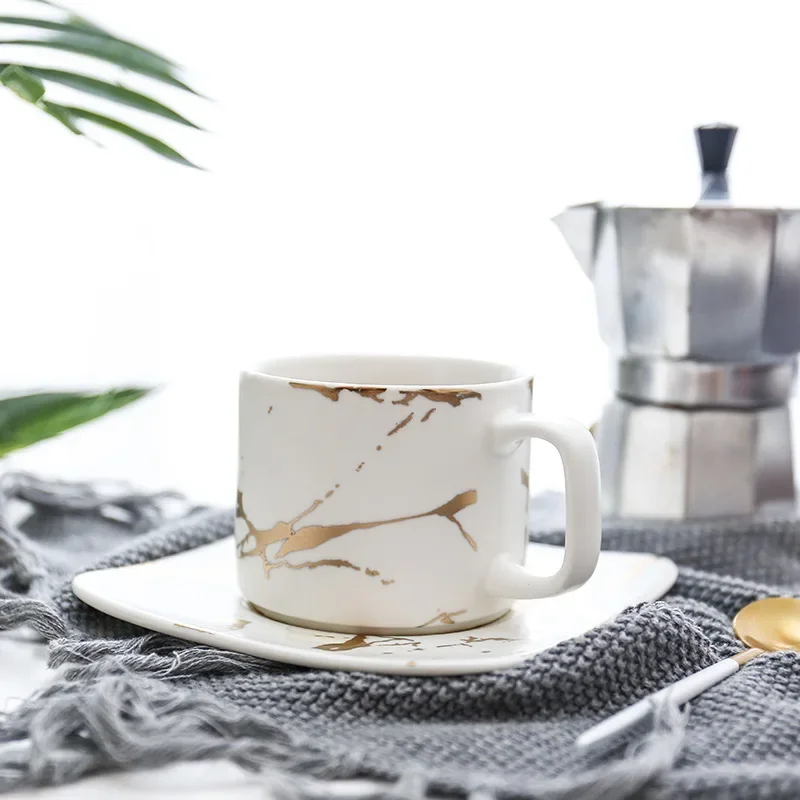 200ml Luxury Marble Ceramic Coffee Cups And Saucers Set With Gold Stan –  Yahan Sab Behtar Hai!