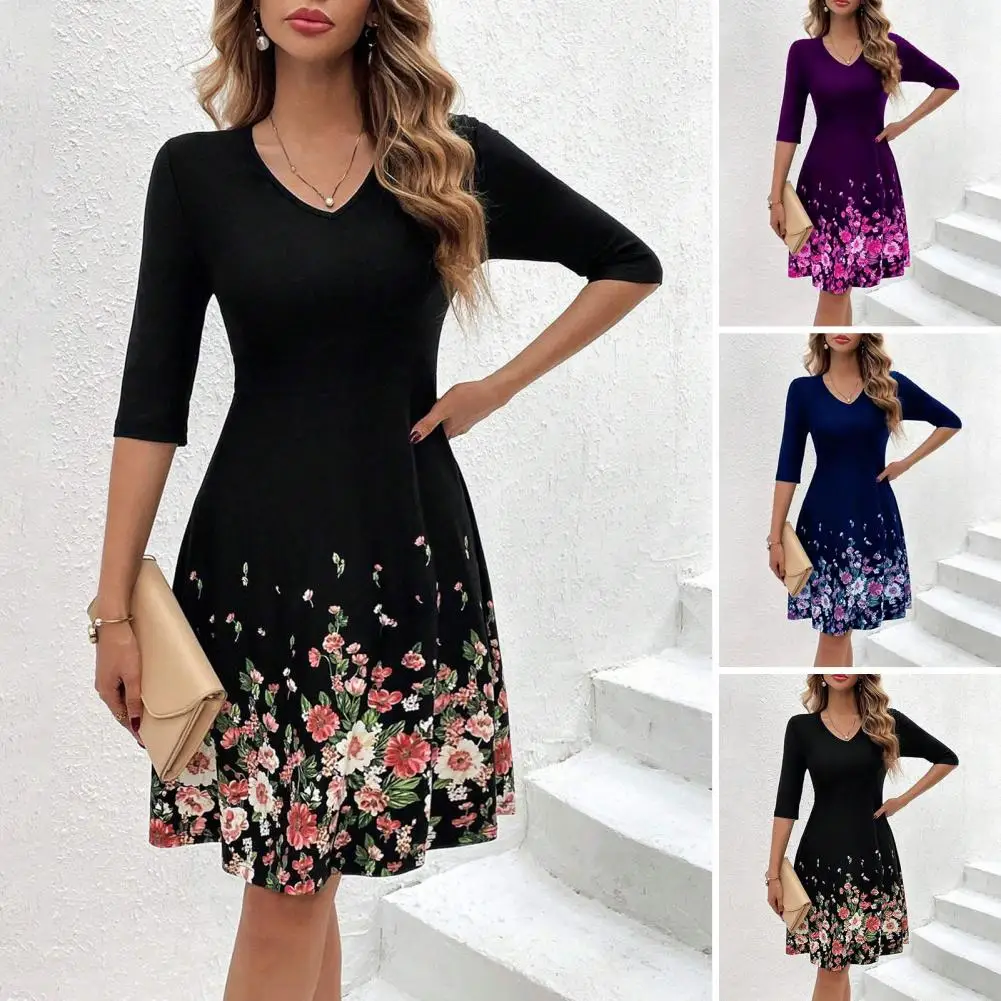 

Lightweight Floral Print Dress Elegant Floral Print V-neck Midi Dress for Women Slim Fit A-line Style with Long for Parties