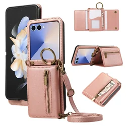 Elegant Crossbody Leather Phone Case with Card Holder and Ring - Galaxy Z Flip5 (Rose gold)