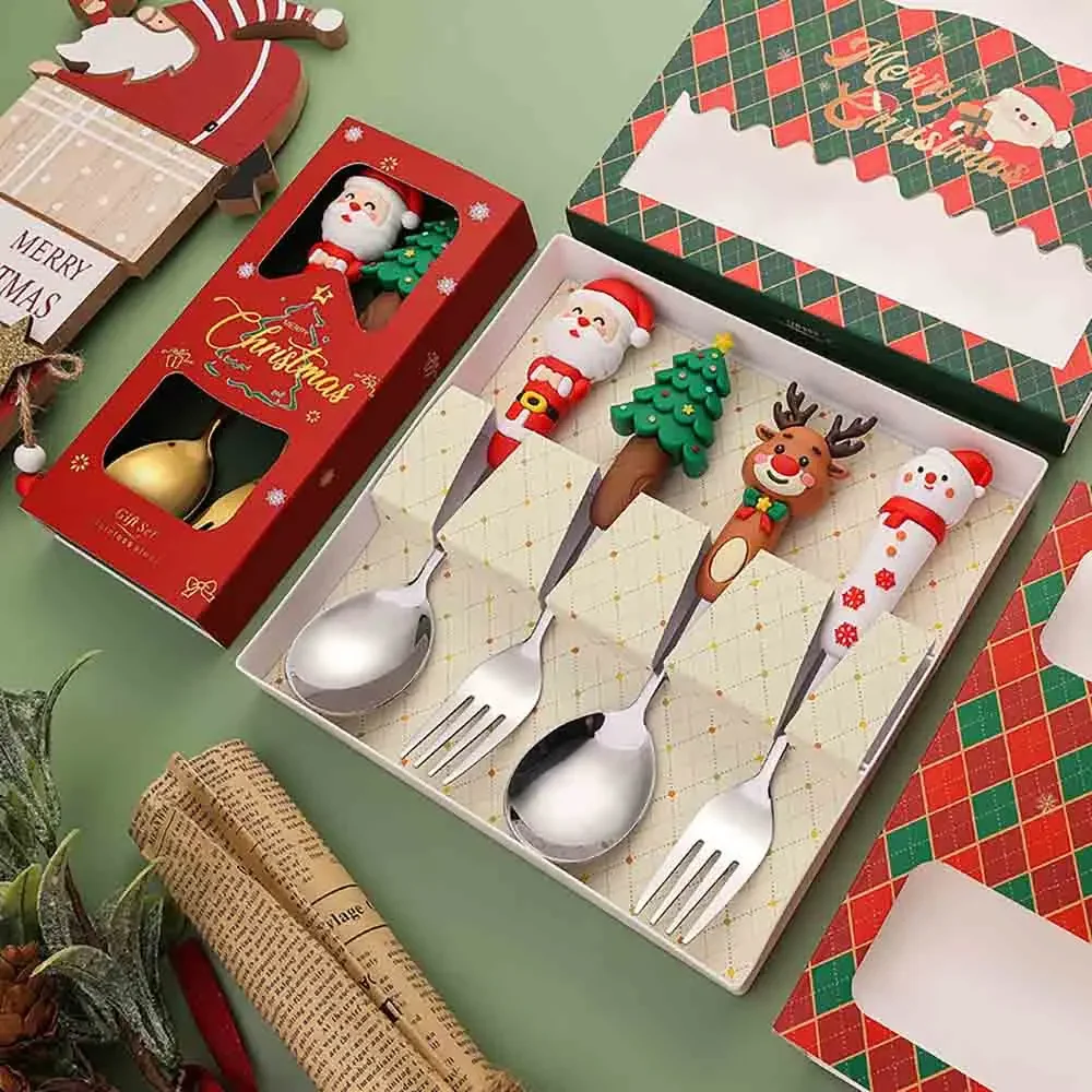 Set Di 6 Posate Natalizie In Acciaio Inox - 3 Cucchiaini E 3 Forchette, Con Confezione Regalo - Decorazione Tavola