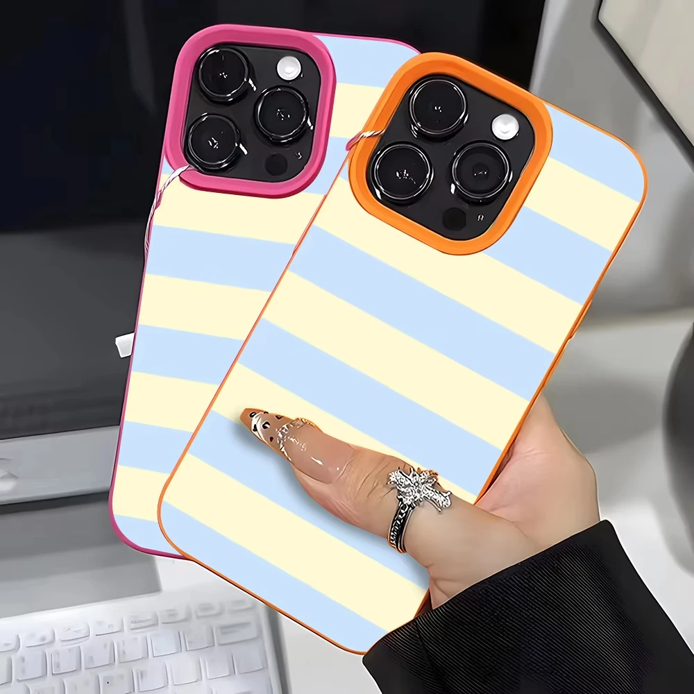 Elegant Light Blue & Cream Stripe Lychee Soft Phone Case Cover