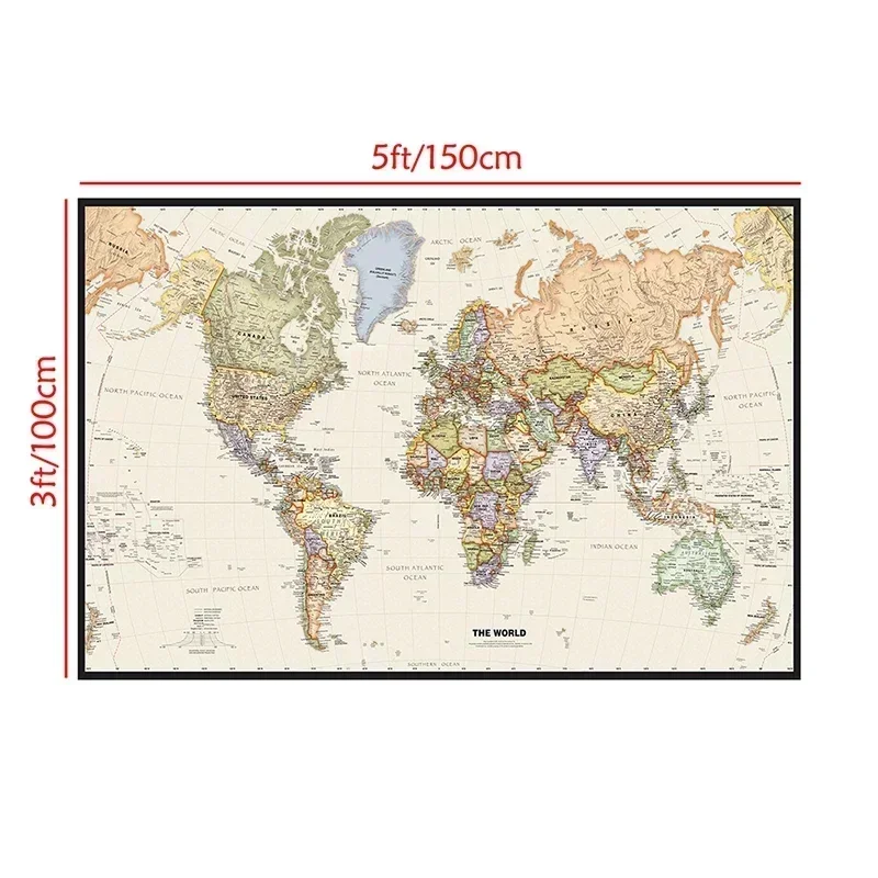 Retro World Map 150x100cm Detailed Map Non-woven Canvas Large Poster Print Wall Hanging Art Painting Living Room Home Decoration