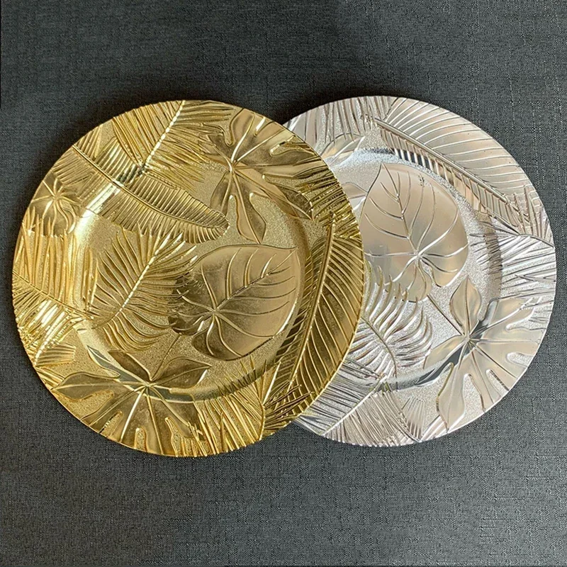 

13inches Luxury Leaf Style Plastic Dining Plate Wedding Party Dessert Cake Tray Western Steak Kitchen Dish Charger Plate 100pcs