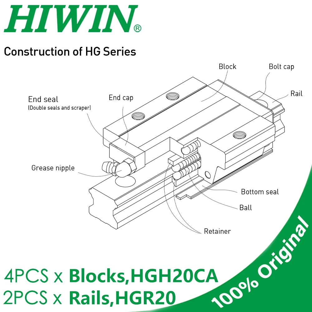 Original HIWIN HGH20CA Carriage Slide Block Linear Guide Rail HGR20 200 300 400 500 600 700 800 900 1000 1100 1200 CNC Router