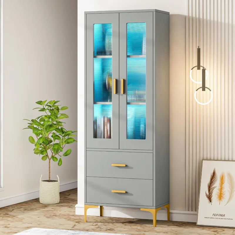 

Tribesigns Bookcase with Doors and LED Light, Gray Bookshelf with 2 Drawers, Freestanding Tall Storage Cabinet