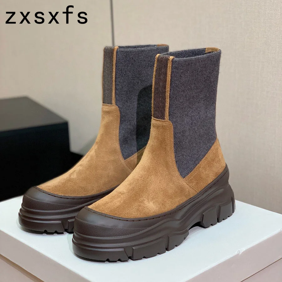 Hot Thick Sole Platform Chelsea Boots Women Quality Suede Leather Mid Calf Short Boots Flat Knight Boots Women Winter Shoes