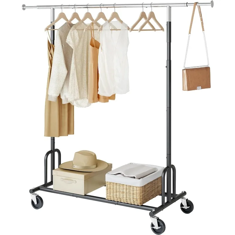 Heavy Duty Clothes Rack Foldable Garment Rack with Wheels and Extendable Rod, Freestanding Clothing Rack for Hanging Clothes