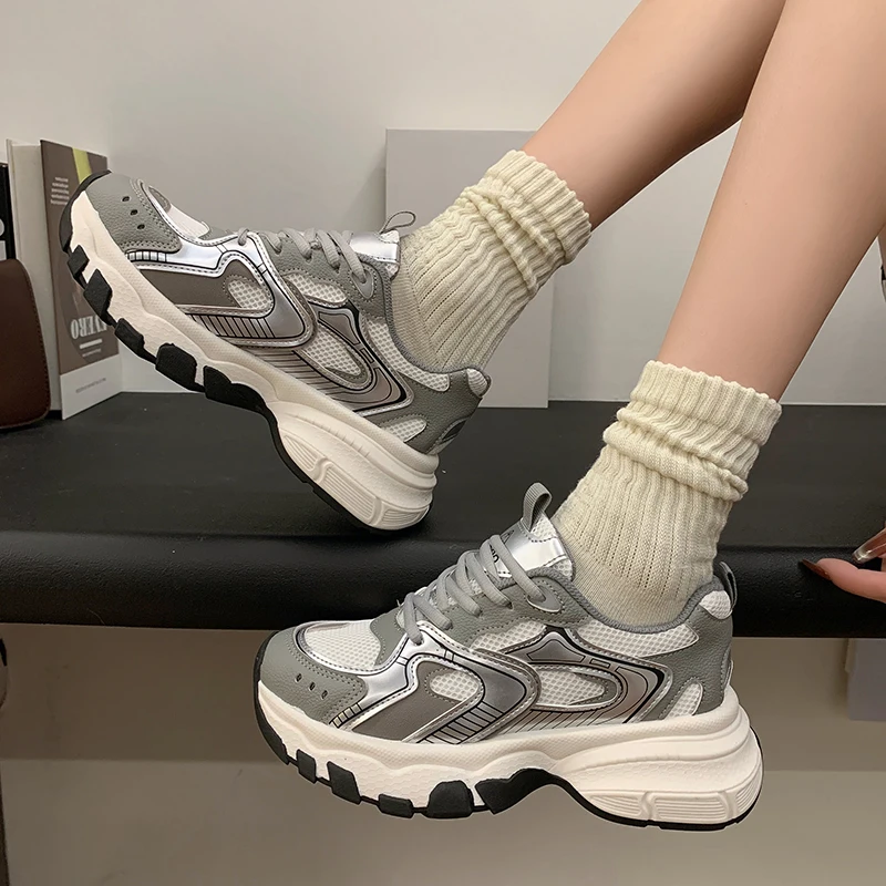 Size 35-40 Women Casual Sneakers Real Leather Ladies Thick Heels Pump Shoes 2024 Spring Tannis Athletic Workout Daily Dress