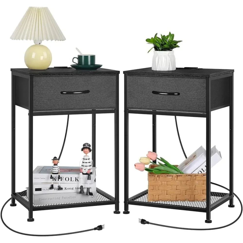 

Black Nightstand Set of 2with Charging Station and Fabric Drawer 2 Tier End Table with USB Ports and Outlets Small Bedside Table