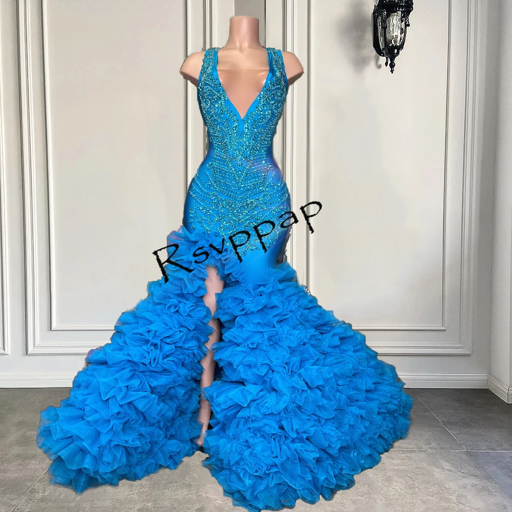 

Синее длинное платье-Русалка для выпускного вечера, сексуальный топ с бусинами и V-образным вырезом, платья для выпускного вечера с высоким разрезом и многоярусными оборками для африканских девушек, 2024