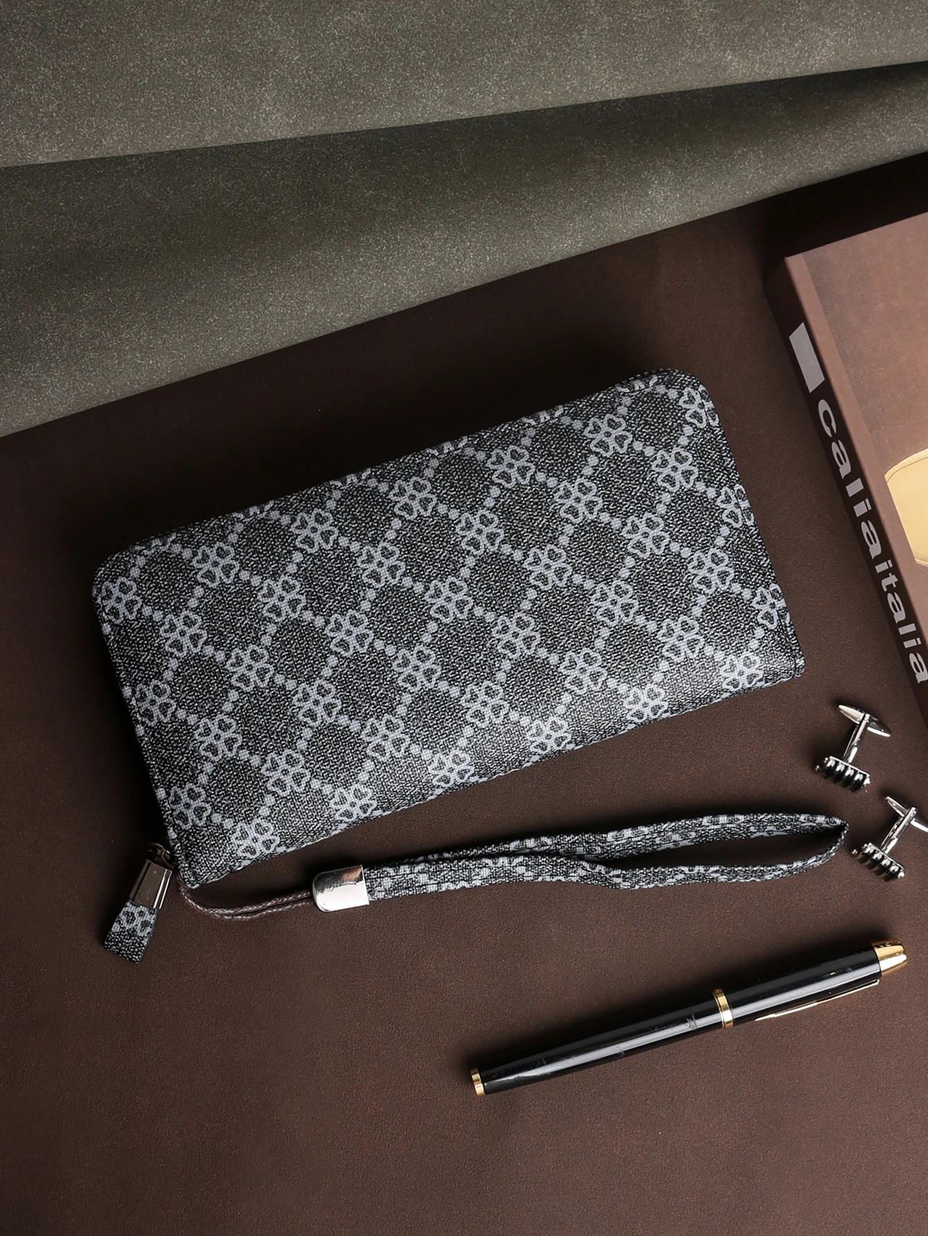 Men's Premium PU Leather Wallet with Detachable Wrist Strap and Metal Hardware