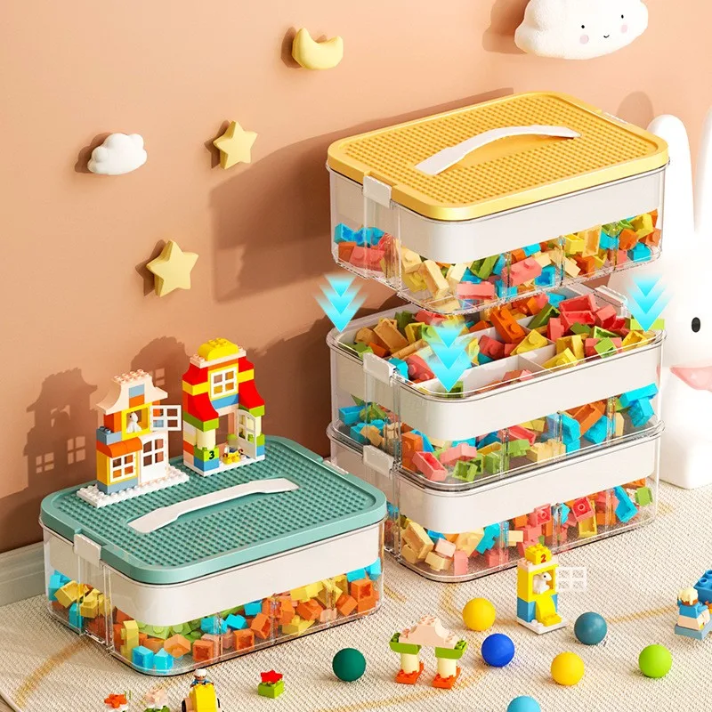 Adjustable Lego-Compatible Storage Container with Lego Building Baseplate Lid Durable Toy Carrying Case Brick Toy Organizer