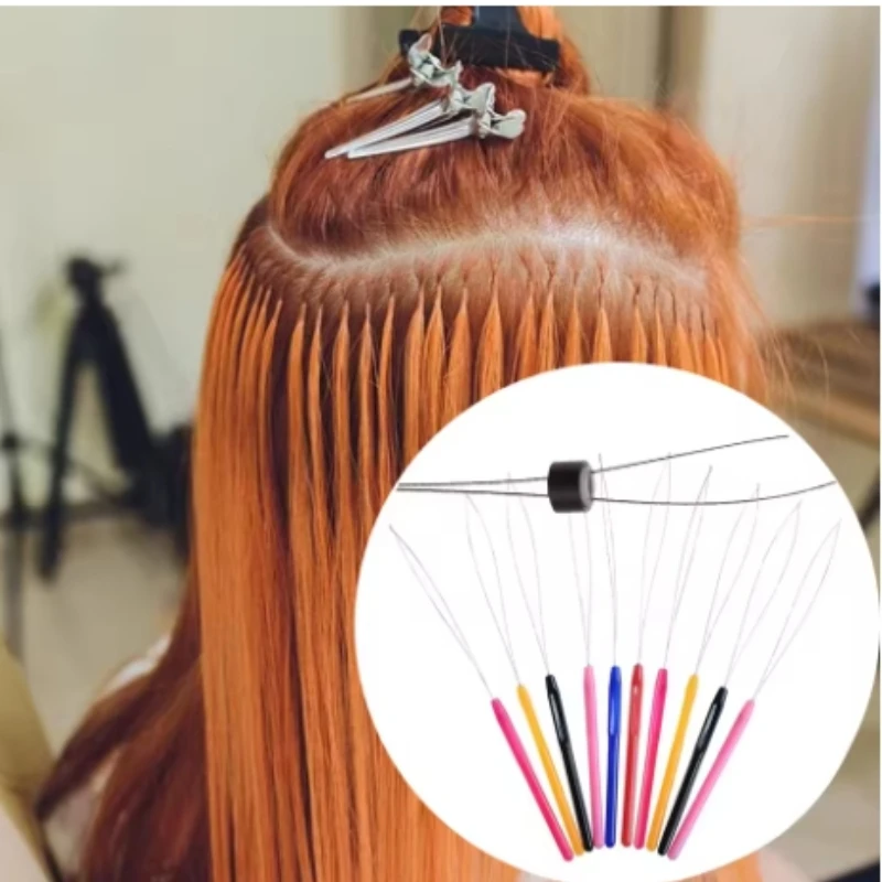 10 pcs Hair Extensions Loop Needle Pulling Hook Tool Needle Threader Loop Tool for Silicone Microlink Beads