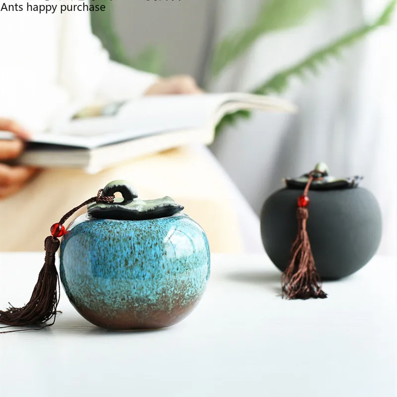 Persimmon Storage Tank Ceramics Tea Pot with Cover Small Portable Sealed Jar Tea Storage tea canister ceramic storage jar Home Desktop Decorative Cans Teaware
