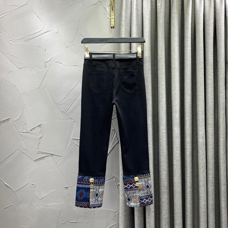 

Patchwork Slit Button Cigarette Pants Women's Fashionable 2023 Autumn New High Waist Cropped Straight Jeans
