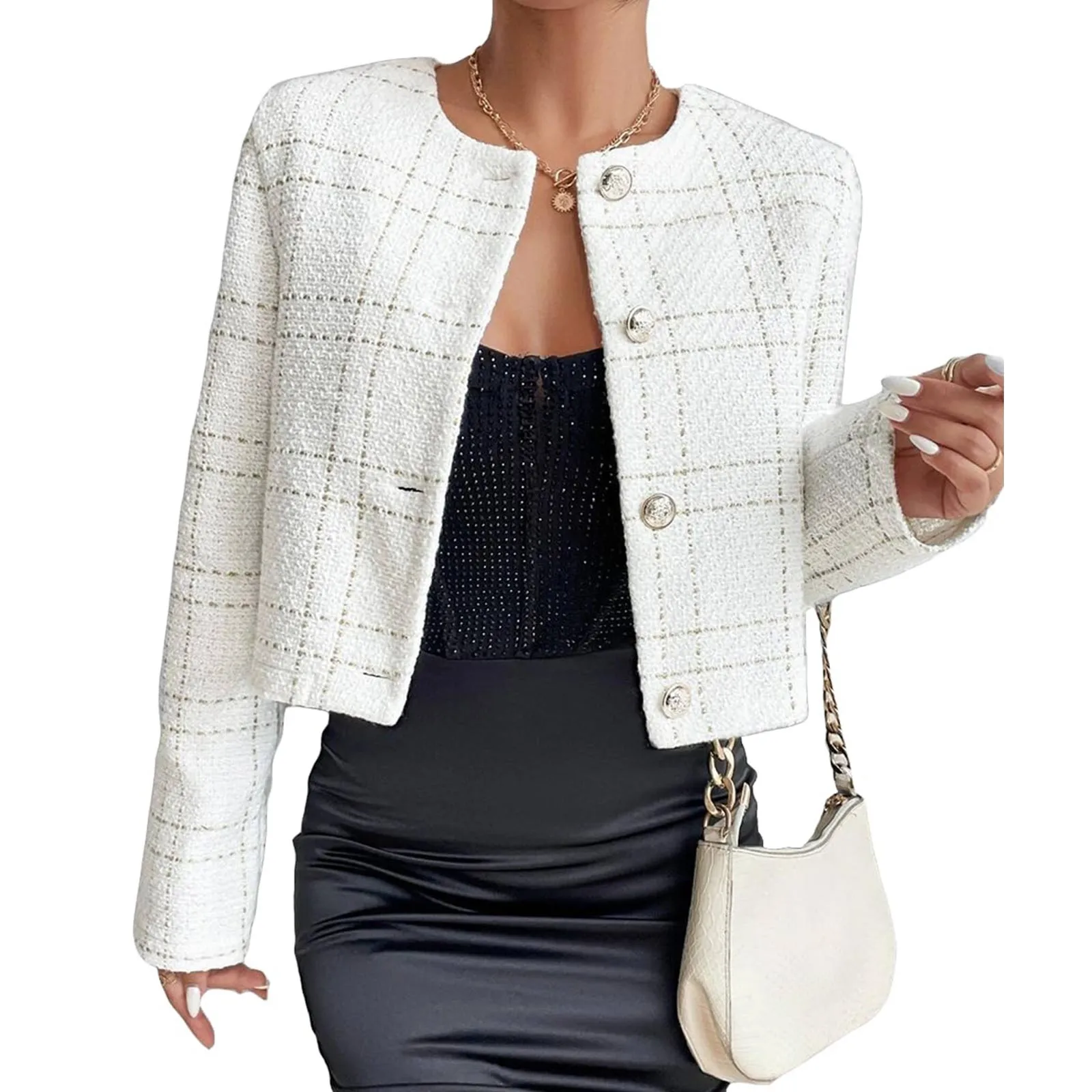 

Women's Autumn And Winter Solid Color Plaid Pattern Round Neck Single Breasted Lined Short Casual Women's Business Casual Jacket