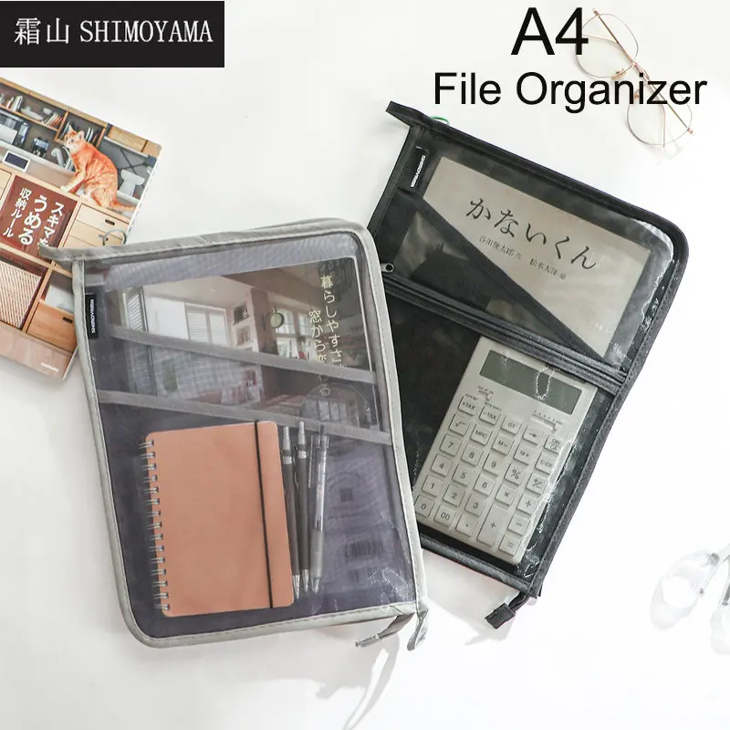 SHIMOYAMA-메쉬 지퍼 파우치 A4 문서 종이 가방, 학교 사무용품, 휴대용 파일 폴더 연필 케이스, 정리함, 1/3 개