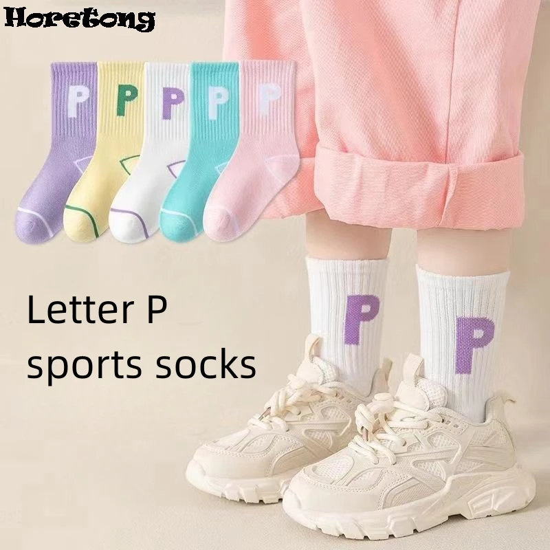 Horetong 5 Pairs/Lot Children's Fashion Letters For Girls Kids Autumn Comfortable Sports Casual School Cotton Middle Tube Socks 2