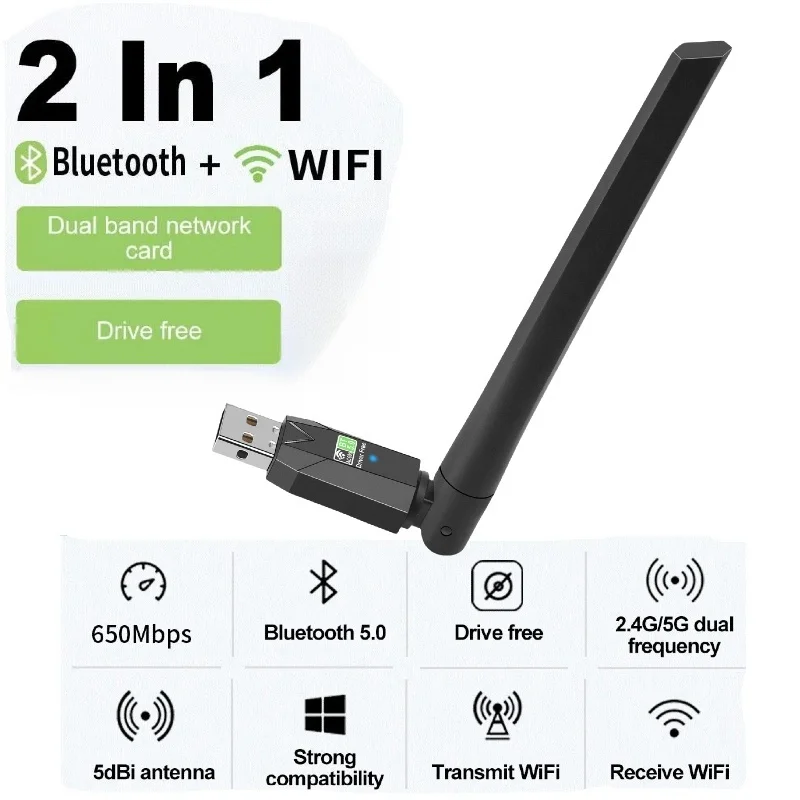 Mini Receptor de Cartão de Rede de Computador sem Fio 600mbps Usb Bluetooth 5.0 2.4g 5ghz Antena Wi-fi Banda Dupla 802.11ac