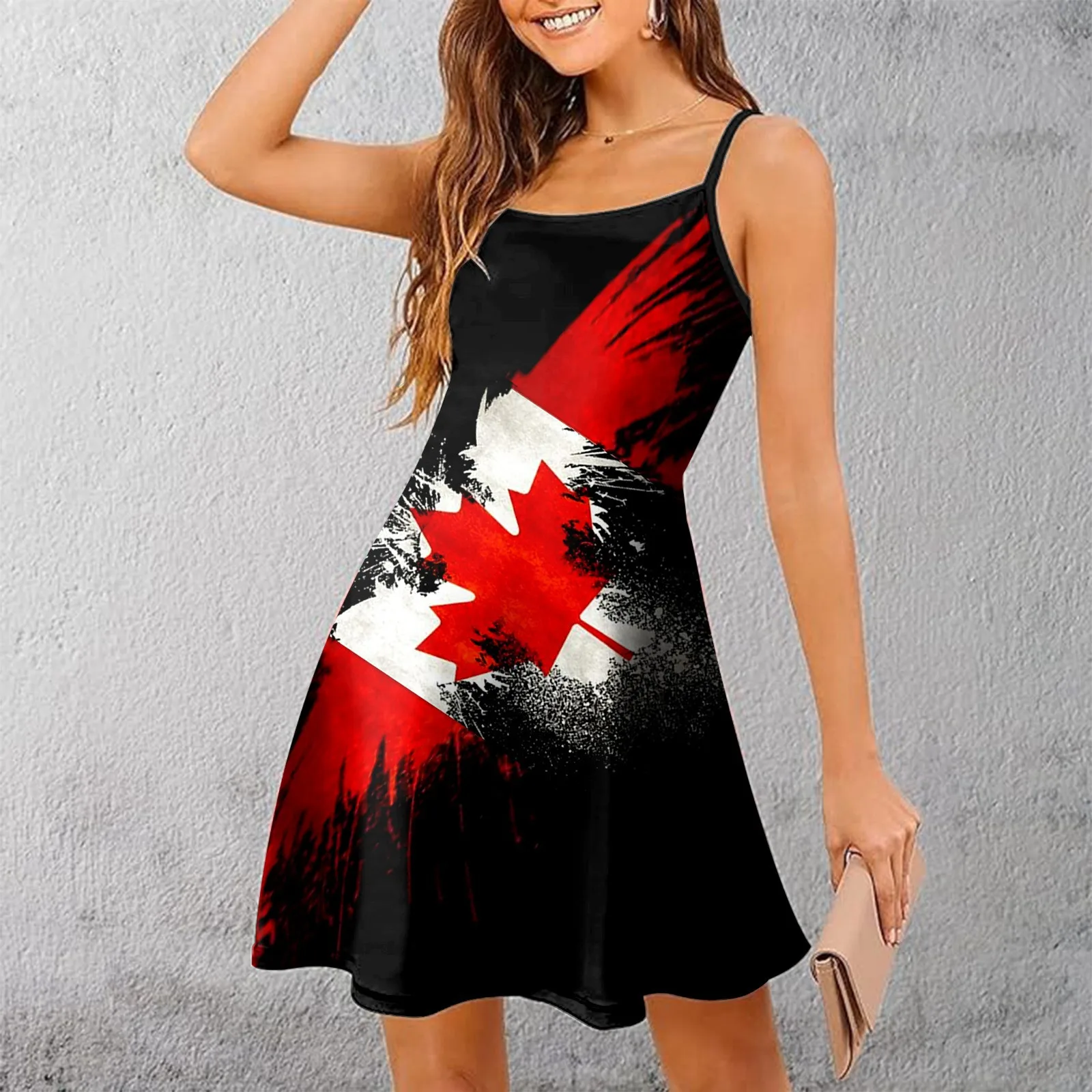 

Summer Dresses For Women Fashion Summer Canadian Flag Printed Spaghetti Strap Dress Sexy Sleeveless Casual Short Mini Dress