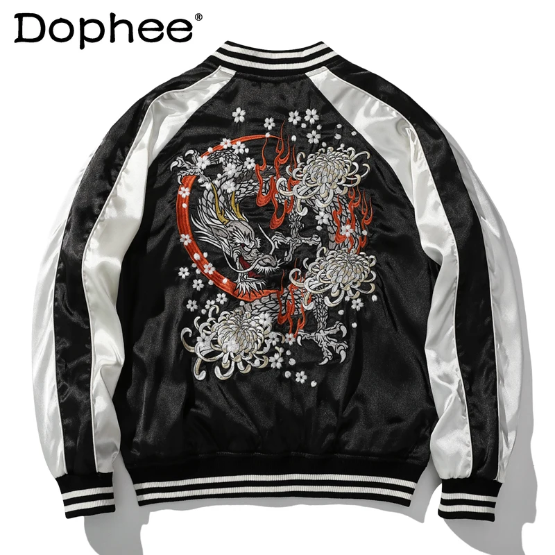 

Cartoon Long Sleeves Jacket Men's and Women's Baseball Collar Fashion Satin Heavy Embroidery Zipper Baseball Uniform
