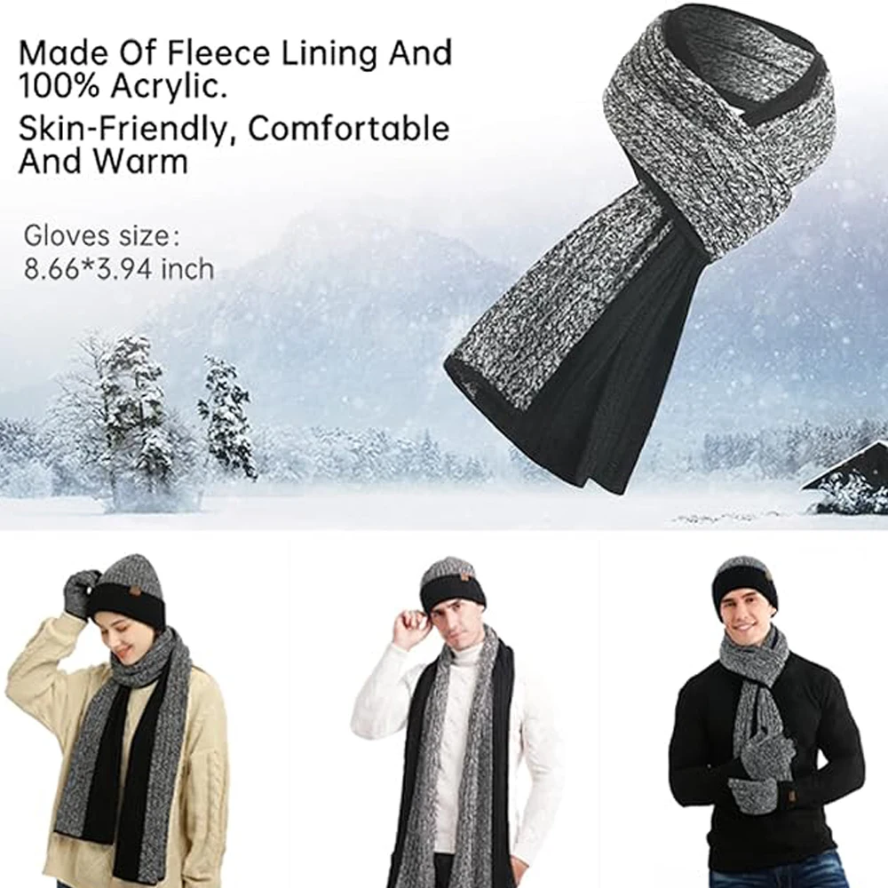 Warm Knitted Men's Scaves and Beanie Hat Gloves Set with Touchscreen Gloves Winter Thick Fleece Lined Neck Gaiter Cap
