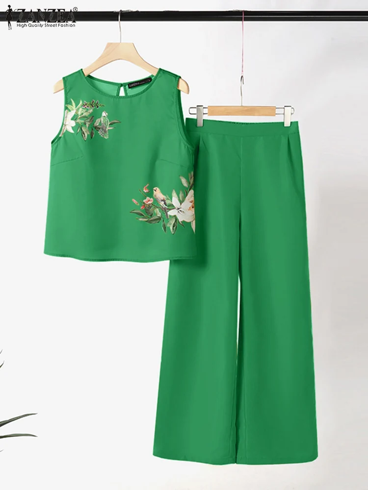 

Спортивный костюм ZANZEA женский с цветочным принтом, праздничный модный винтажный брючный костюм с эластичным поясом, комплект из 2 предметов, лето 2024