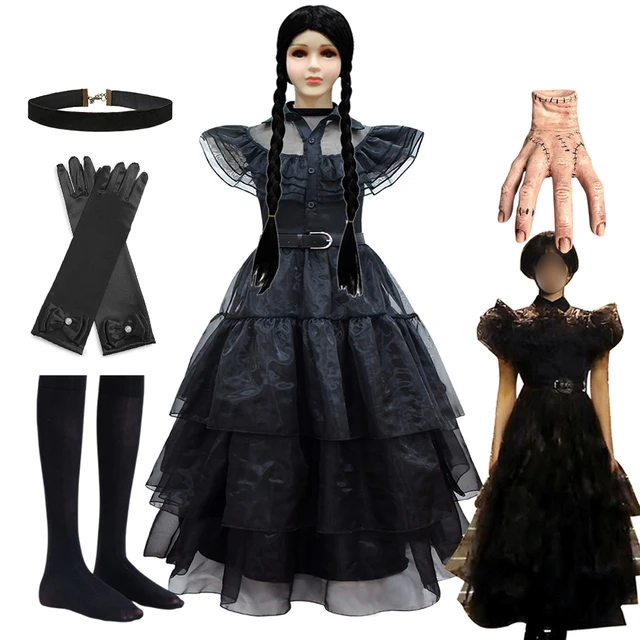 Wednesday Addams Cosplay Costume Women Black Dress Outfits Carnival Printed  Suit (150cm dress)