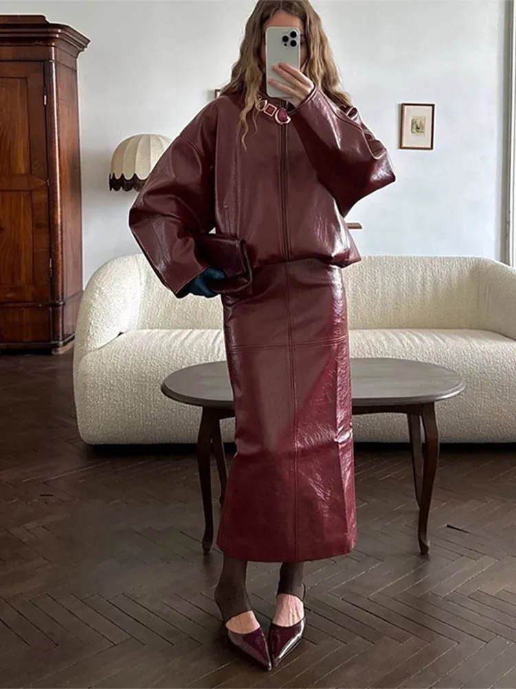 Vintage Streetwear Leather Skirt and Jacket Set for Women – Standneck Design with Zipper and Long Sleeves