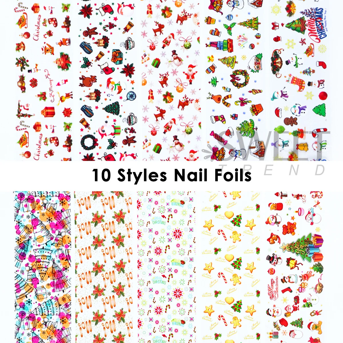 10pcs/box Winter Adorable Christmas Series Nail Transfer Foils Xmas Tree Santa Elk Snowflake Starry Sky Paper 2026 Decor Sliders