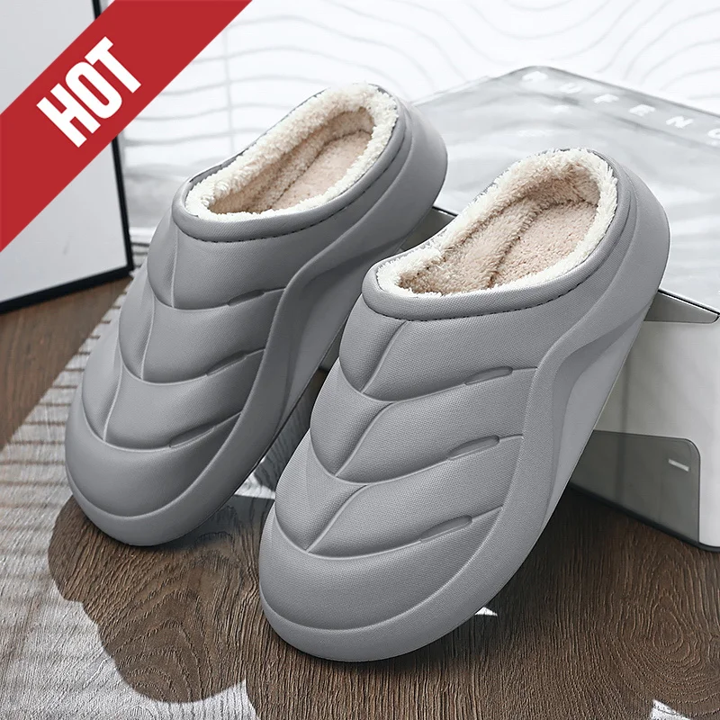 Mens Winter Slippers Waterproof Indoor House Shoes Big Size Warm Fur Lined Home Bedroom Slippers Slip on Concise Garden Shoes