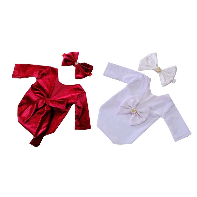 

Baby Girls Photo Clothes Long Sleeve Jumpsuit Newborn Costume OnePiece Romper Bowknot Headband Infant Photo Outfit 2pcs 1560