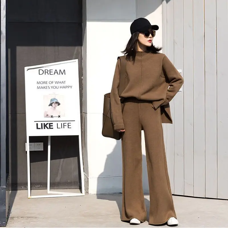 Thickened Knitted Suit 2023 New Loose Sweater Temperament High Waist Knitted Wide Leg Pants Women's Fashion Two Piece Set
