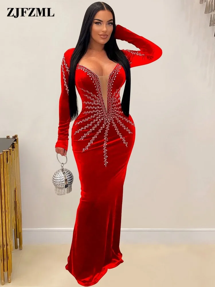 

Sparkly Hot Diamond Deep V Neck Cocktail Dress for Women Sexy Cleavage Long Sleeve Evening Party Vestidos Hip Skirt Maxi Dresses