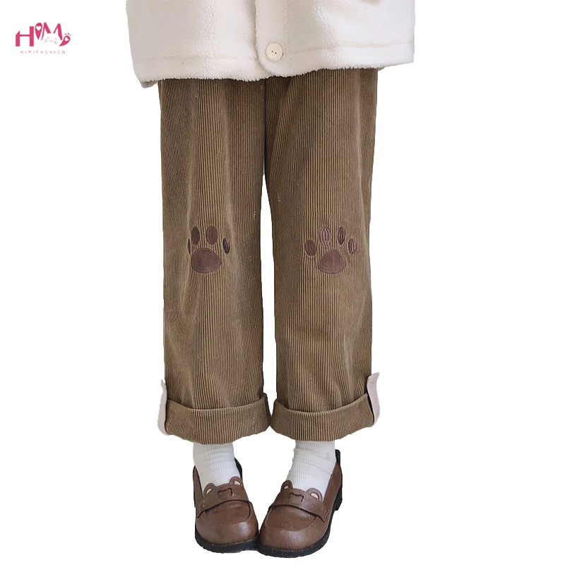 Himifashion Kawaii Cat Paw Wide Leg Pants Brown Corduroy Capri High Waist Lolita Cute Embroidery Women Black Casual Trousers