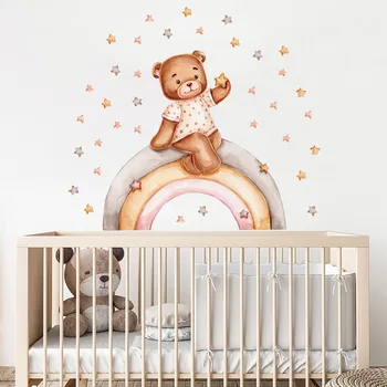 아기 방 벽 스티커 장식 테디 베어 무지개 별 벽 데칼, 아이 방 아기 보육 침실 스티커 인테리어